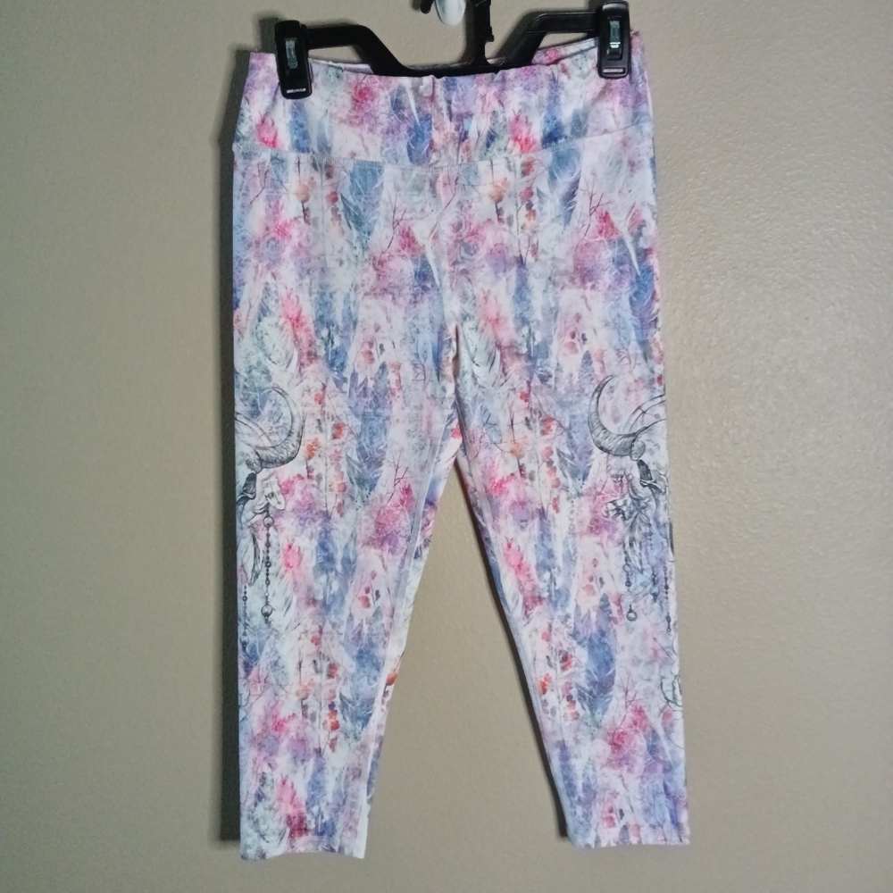 🦋 Evolution And Creation EVCR Crop Leggings Floral Skull & Feathers Pattern L